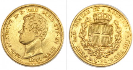 370 EUR  20 Liras 1841 Italia  ORO 900  6,45 gr